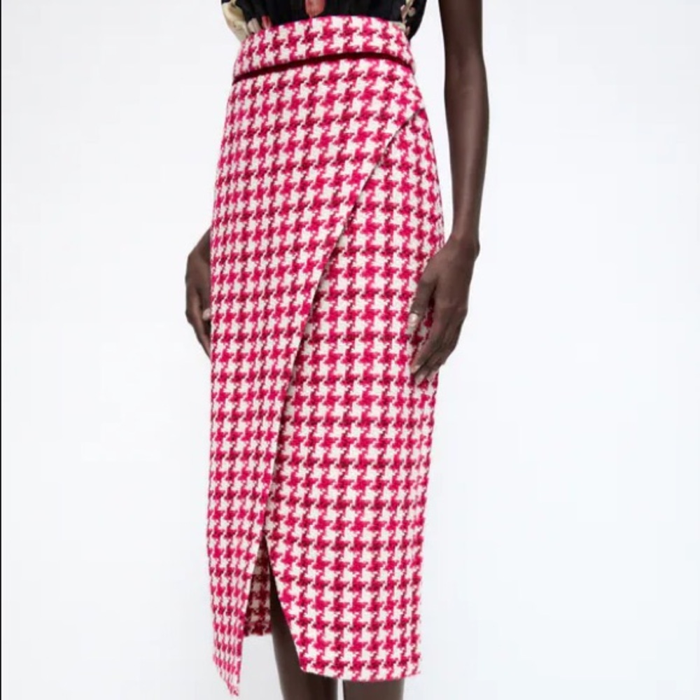 Zara TWEED TEXTURED WEAVE HOUNDSTOOTH
High-waist Midi Skirt Front Slit Pink NEW